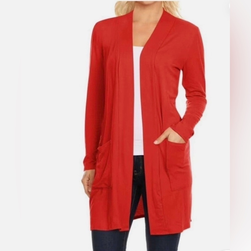 Isaac Mizrahi Live! Red Open-Front Cardigan Sweater with Pockets Size XL